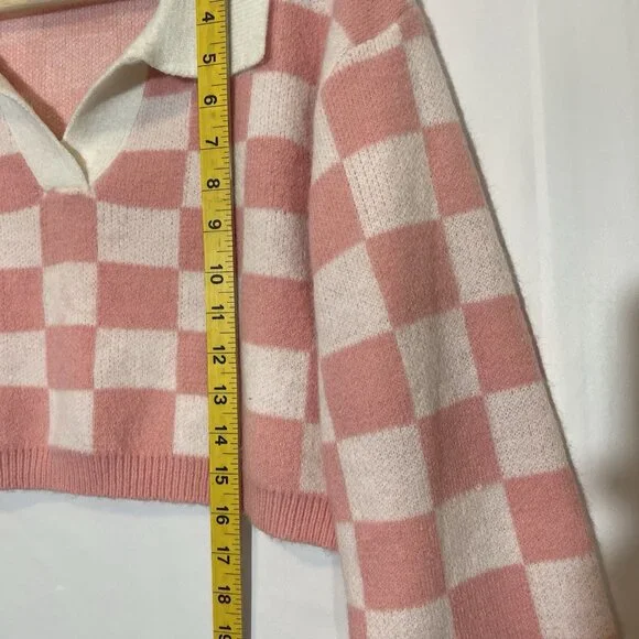 Cider Women's Crop Sweater Pink Checkerboard Small Size  Long Sleeves - Picture 5 of 7